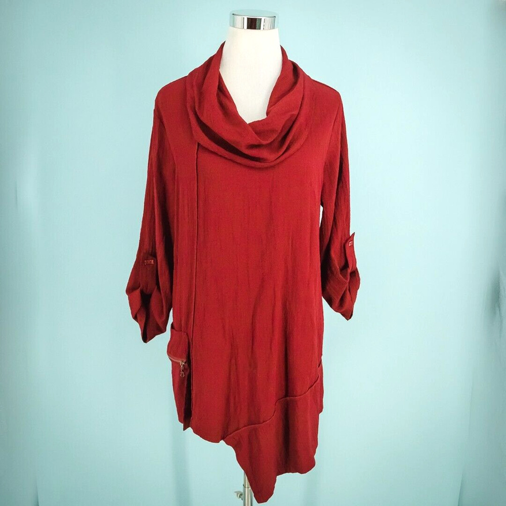 Ali Miles Size Large L Red Cowl Neck Tab Roll Sleeve Asymmetrical Artsy Knit Top